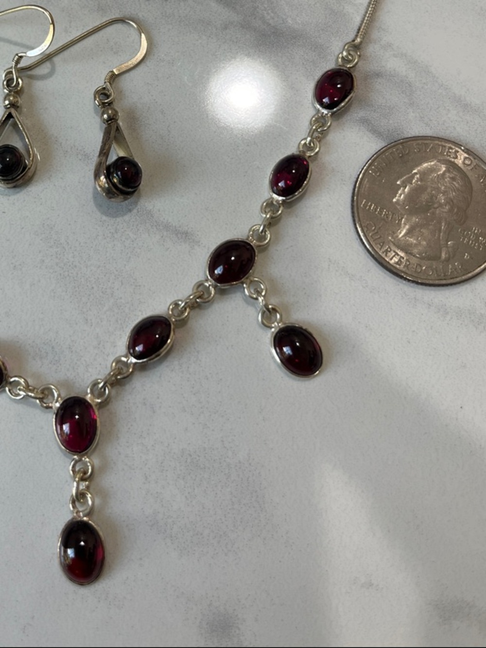 Sterling Silver Garnet Teardrop Necklace & Earrings Set - Picture 2 of 3